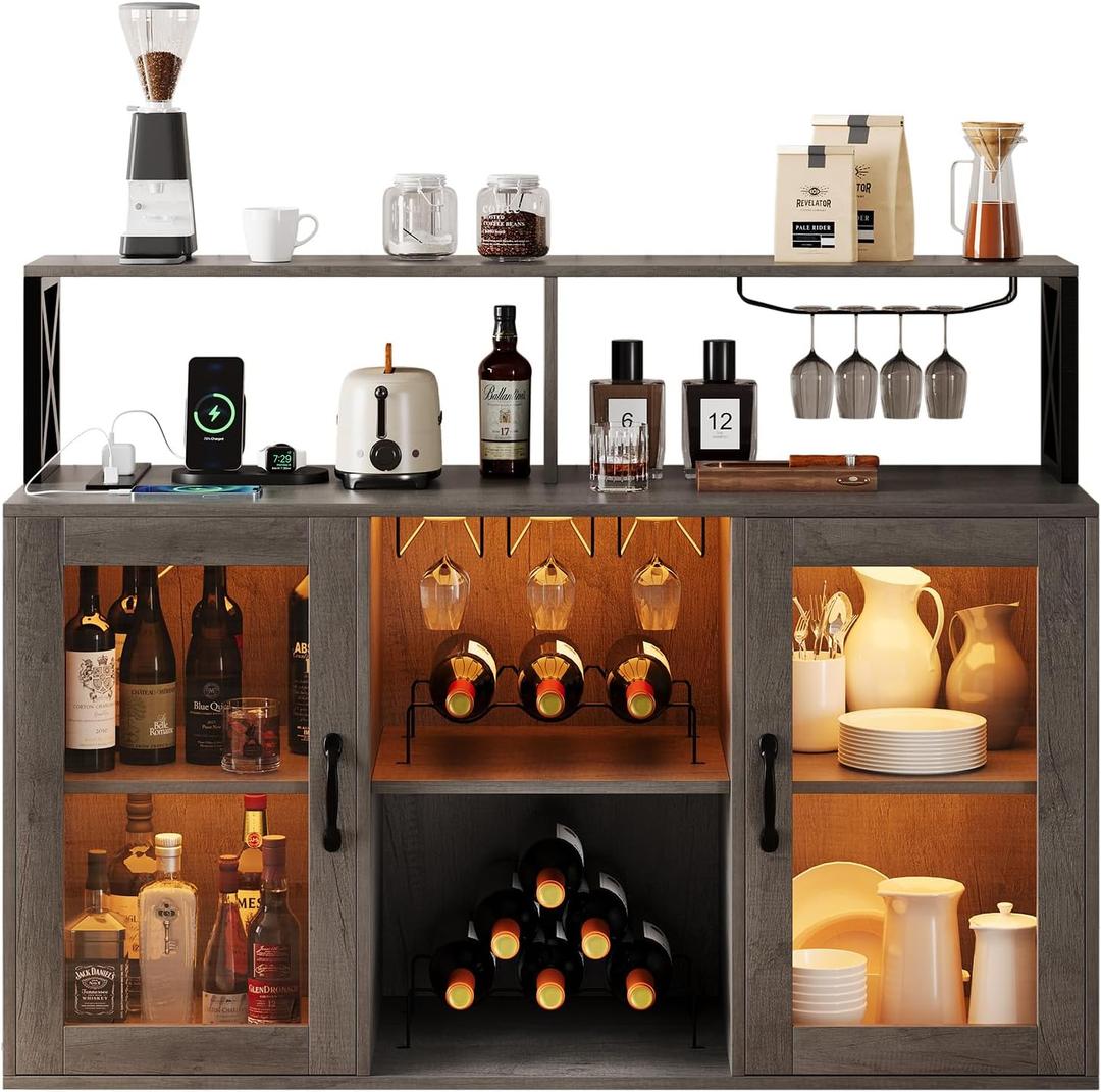 Wine Bar Cabinet with Wine Rack Glass Holder Coffee Bar Storage Cabinet, Sideboard Freestanding Liquor Cabinet Bar for Home Kitchen Living Room, Office, Dining Room with LED Lights