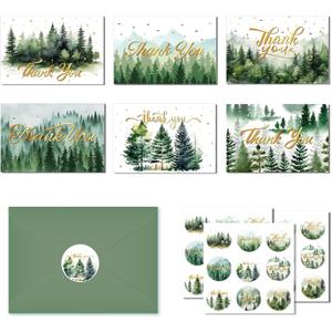 Green Forest Thank You Cards with Envelopes & Stickers 24 Pack Watercolor Nature Design Blank Greeting Card for Holiday Wedding Baby Shower Birthday Supplies, 7.87 * 5.9inch