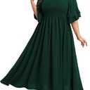 SCOMCHIC Womens Plus Size Maxi Dresses Smocked Square Neck Short Sleeve Wedding Guest Formal Flowy A-Line Long Dress (Emerald Green)