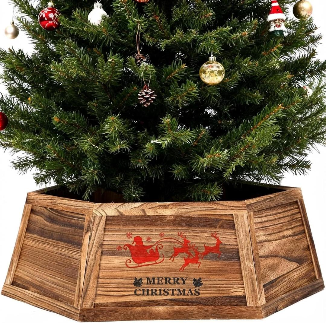 Weysat 30" Wooden Tree Collar Box Christmas Tree Skirt Collar Christmas Decoration Farmhouse Xmas Stand Cover Natural Wood Rustic Hexagon Xmas Base Cover 6-Piece Fit Below 29.5" (Brown)