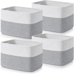 Storage Basket Cube Bins - Woven Cotton Rope Organizer Bins, Decorative Storage Baskets, Cube Organizer for Home, Laundry (4-Pack, White/Grey)