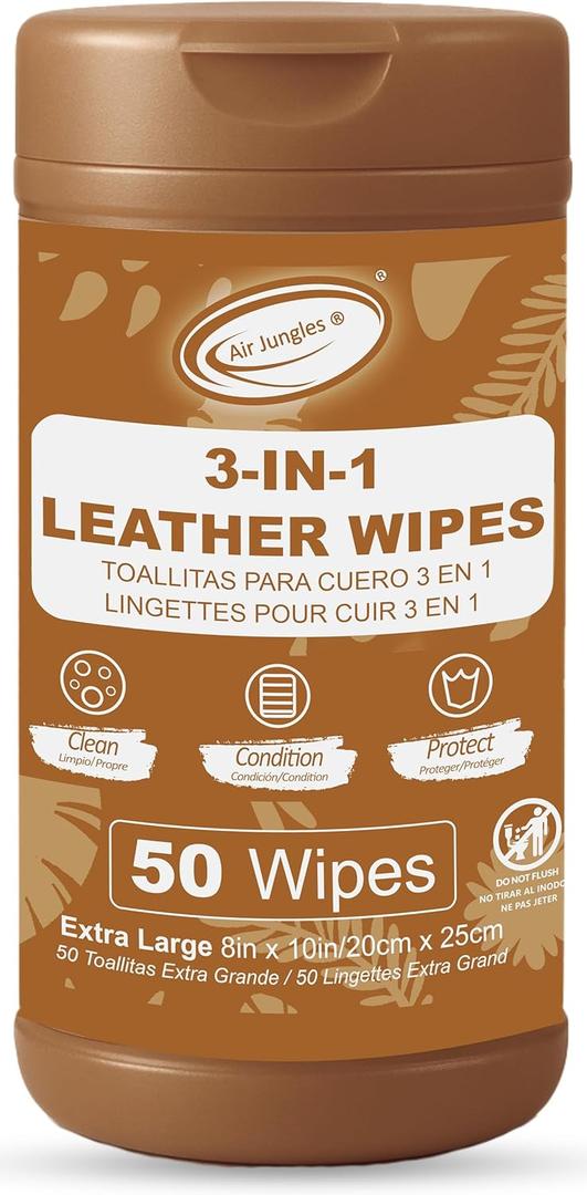Air Jungles 3in1 Leather Wipes 50 Count, Extra Large 8" x 10" Size, Clean Condition Protect Wipes for Leather Car Seat, Furniture Couch, Shoes Boots Bags Purse Apparel