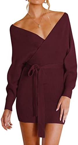 ZESICA Women's Fall Long Batwing Sleeve Wrap V Neck Knitted Backless Bodycon Pullover Sweater Dress with Belt, Size M