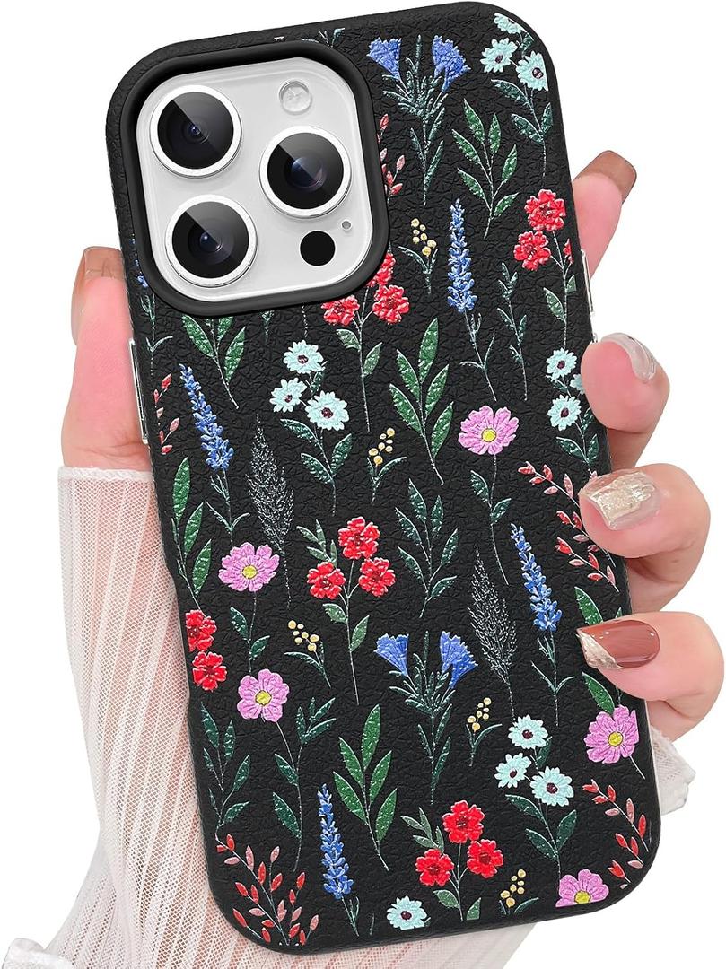 AIGOMARA for iPhone 16 Pro Case, Cute Floral Pattern Design,Black | Dual Layer Shockproof Anti-Scratch Leather Protective Cover for Women Girls