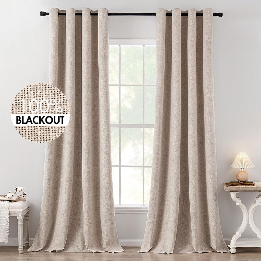 MIULEE 100% Blackout Linen Textured Curtains for Bedroom Solid Thermal Insulated Natural Beige Grommet Room Darkening Curtains & Drapes Luxury Decor for Living Room Nursery 52 x 120 Inch (2 Panels)