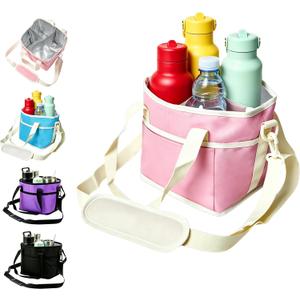 Drink Carrier Bag, Water Bottle Holder with Strap | Insulated 4-Compartment Drink Holder Bag for Car, Delivery & Outings, Adjustable & Foldable Water Bottle Carrier Tote, Pink
