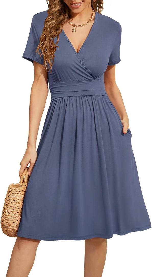 WEACZZY Women's Summer Short Sleeve Casual Dresses V-Neck Floral Party Dress with Pockets (X-Large, A Purple Gray)
