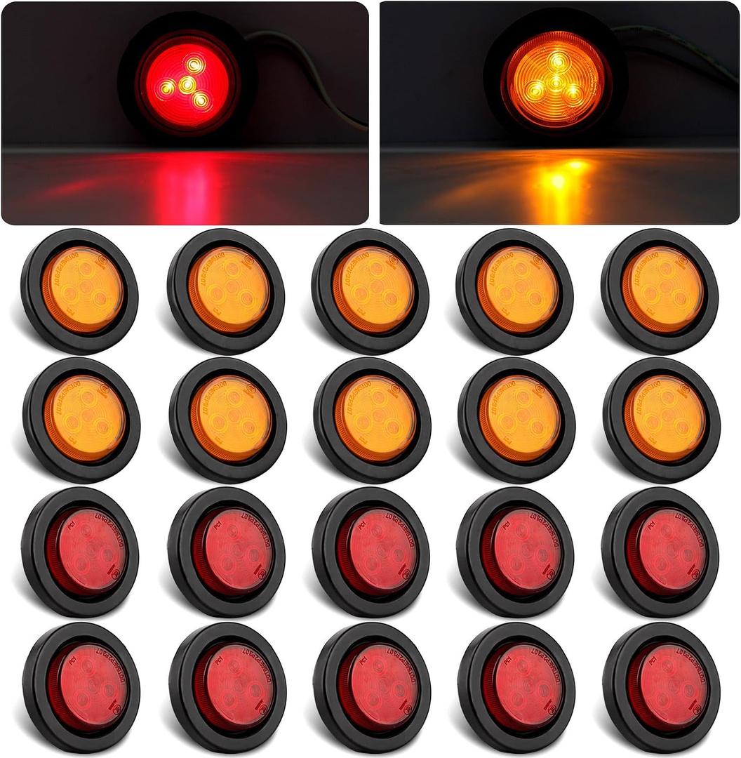 2" Inch Round Led Trailer Marker Lights 4 LED, 10 Red + 10 Amber 2" Inch Round LED Trailer Side Clearance Marker Lights Sealed Grommet Flush Mount Waterproof w/2 Prong Wire Pigtails