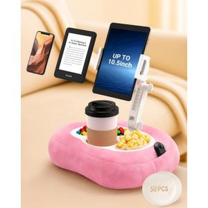 Tablet & Kindle Pillow Stand for Bed, Adjustable iPad Holder for Couch and Lap with 2 Snack Bowls, Cup Holder, 50 Disposable Liners and Washable Cover, Pink