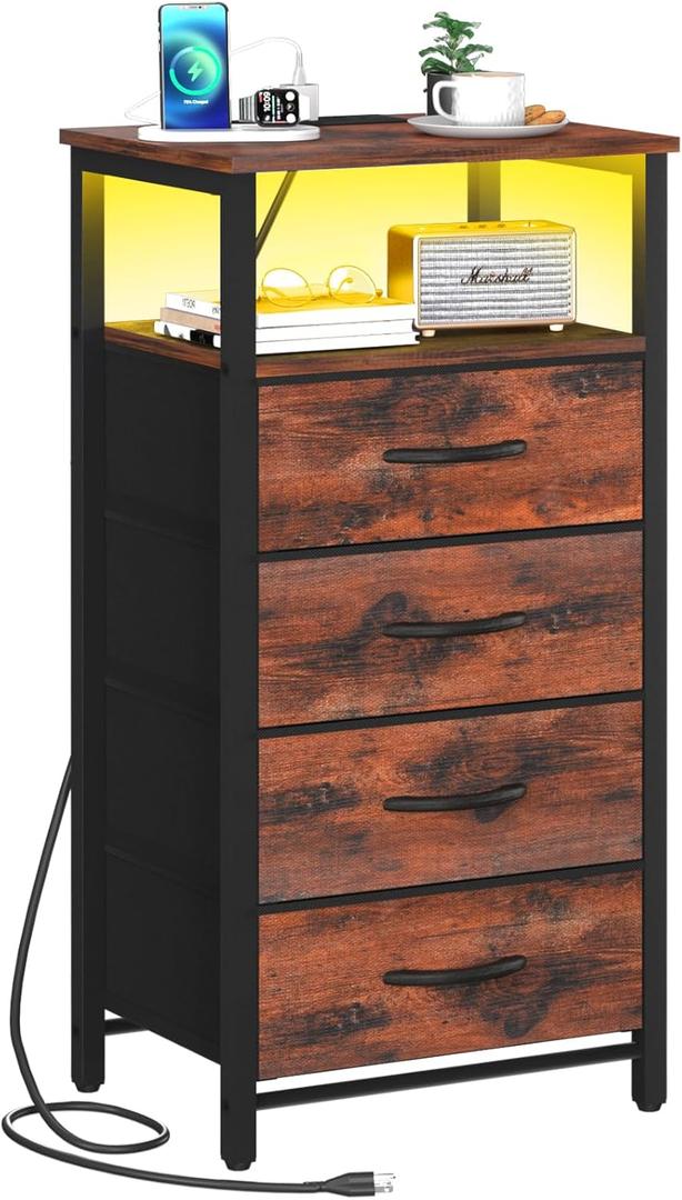 Yoobure Night Stand - LED Rustic Nightstand with Charging Station, Bedside Table with 4 Storage Drawers and Storage Shelf, End Table with USB Ports and Outlets