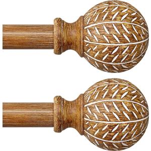 QDWIS 2 Pack Wood Curtain Rods for Windows 66 to 120 Inch,1'' Diameter Drapery Rods with Imitation Wood Grain Leaf Pattern Finials,Boho Adjustable Heavy Duty Curtain Rods Set,36-120'',Natural Wood