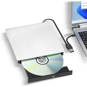 External CD/DVD Drive, USB 3.0 & Type-C CD/DVD Disc Reader Writer, CD ROM +/-RW External CD Player, Portable CD Burner for Laptop Desktop PC Mac Windows Linux (White)