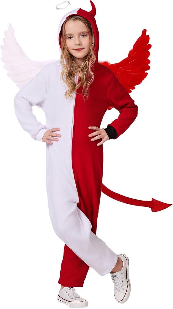SIZGAROOT Angel Devil Costume for Kids Onesie Halloween Half Angel Half Devil Costume for Girls Boys (10-12 Years)
