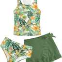 Cutemile Girls Swimsuit 3 Piece Bathing Suit Quick Dry Tankini Set with Cover Up Beach Skirt Bikini Swimwear 6-12 Years (9-10 Years, Tropical Holidays)
