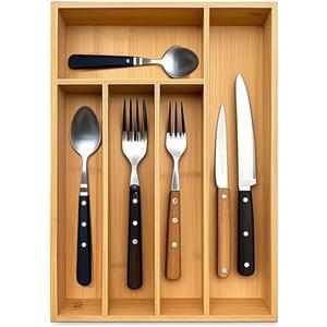 guiogc Kitchen Bamboo Silverware Drawer Organizer，Silverware Organizer and Cutlery Tray with Grooved Drawer Dividers for Silverware, Knives in Kitchen, Bedroom (5 Slot-Natural)