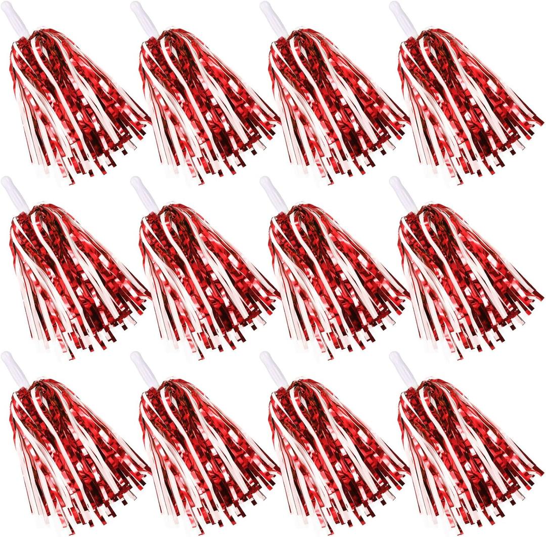 Cheerleading Pom Poms - School Spirit Shakers Metallic Foil Cheering Pompoms Cheer Pom with Baton Handle Plastic Squad for Adults Team Spirit Sports Party Cheering (6, Red, White)