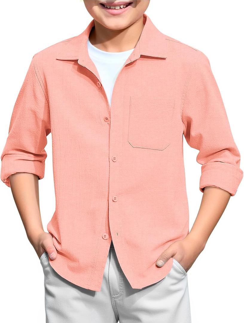Haloumoning Boys Linen Button Down Shirts Kids Long Sleeve Dress Shirts School Uniform Shirt 5-14 Years, 130