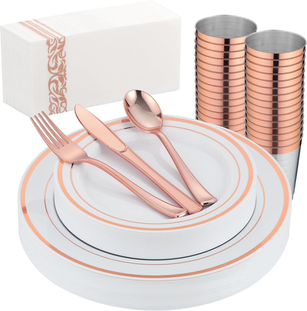175PCS Rose Gold Dinnerware Set for 25 Guests, Rose Gold Rim Plastic Disposable Plates for Party Wedding Include 25 Dinner Plates, Dessert Plates, Silverware Set, Napkins, Cups