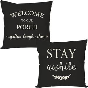 PANDICORN Welcome to Our Porch Stay Awhile Farmhouse Throw Pillow Covers 16x16 Set of 2 Black and White Outdoor Porch Pillows Decorations Decorative Cushion Case for Home Couch Front Porch Patio Decor