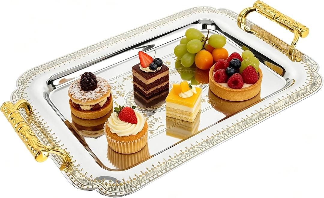 Alipis Stainless Steel Serving Tray Rectangle Vintage Fruit Snack Tray with Handle European Style Dessert Cake Tray Jewelry Plate for Restaurants Coffee Table Breakfast Drink Snack Decor