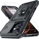 Janmitta Case for iPhone 11 Phone Cover Built in Slide Camera Lens Cover+Screen Protector, Heavy Duty Shockproof Full Body Phone Case with Finger Ring Holder Kickstand, Black