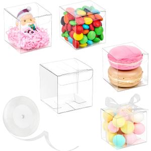 Mauproy 2x2x2 Inches Clear Favor Boxes, 100 Pack Small Plastic Gift Boxes with Ribbons for Macaroons Treats Candies Wedding Baby Shower Birthday Mother's Day Party Favors