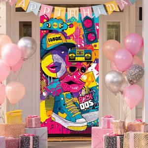 Back to 00s Happy Birthday Door Banner 35x71 Inch Y2K Graffiti Style Party Backdrop with Sneakers Lips and Neon Colors for Indoor Wall Birthday Celebration Decor