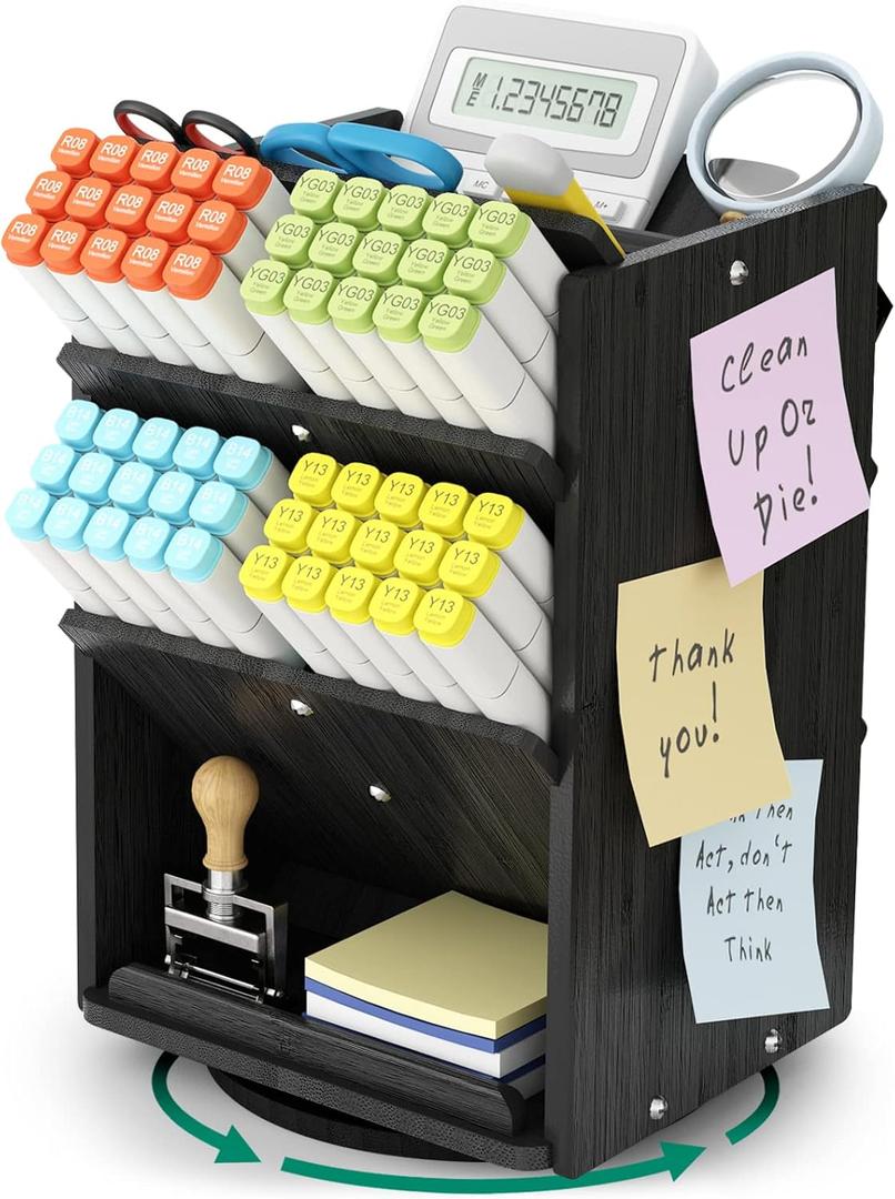 Bamboo Rotating Large Desk Organizer - Darfoo Art Supply Organizer, 13 Compartments, 1000+ Pencil Holder Capacity, Easy DIY Assembly, Spinning Desktop Organizer for Home Office Supply (Black)