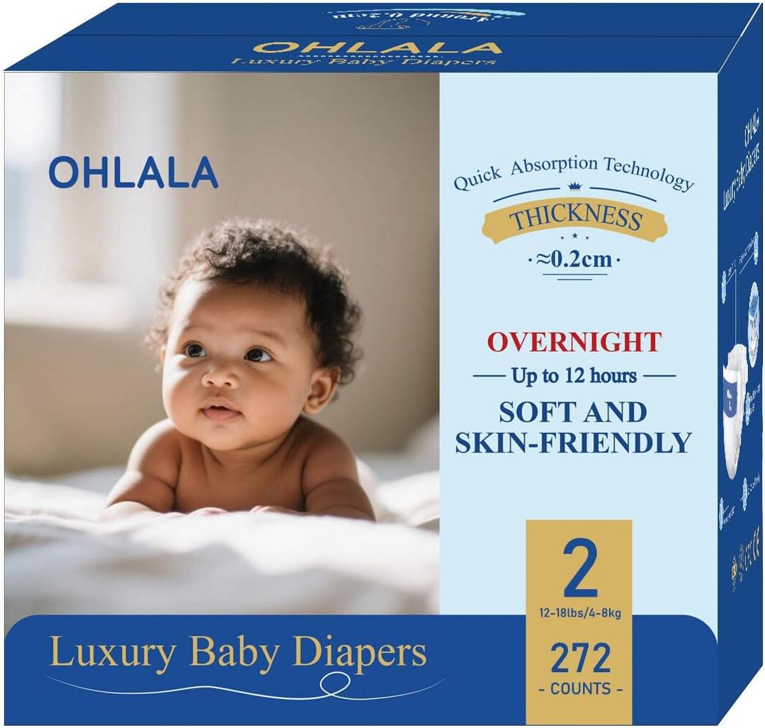 OHLALA Luxury Diapers Size 2 Hypoallergenic | Skin-Friendly & Leakproof | Fragrance-Free | Ultra-Thin | 4 Pack 272counts | 12-18 lbs