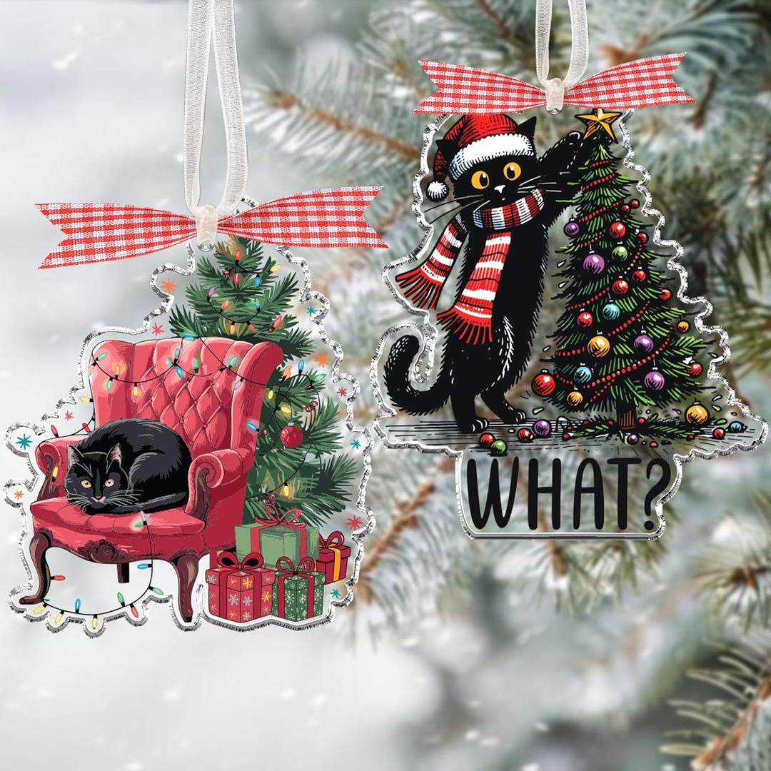 2 Pcs Cat Christmas Ornaments 2025, Black Cat Christmas Decor for Christmas Tree, Gifts for Pet Lovers Women, Acrylic Keepsake Funny Kitten Hanging Ornaments, Kitty Holiday Xmas Stockings CB-17