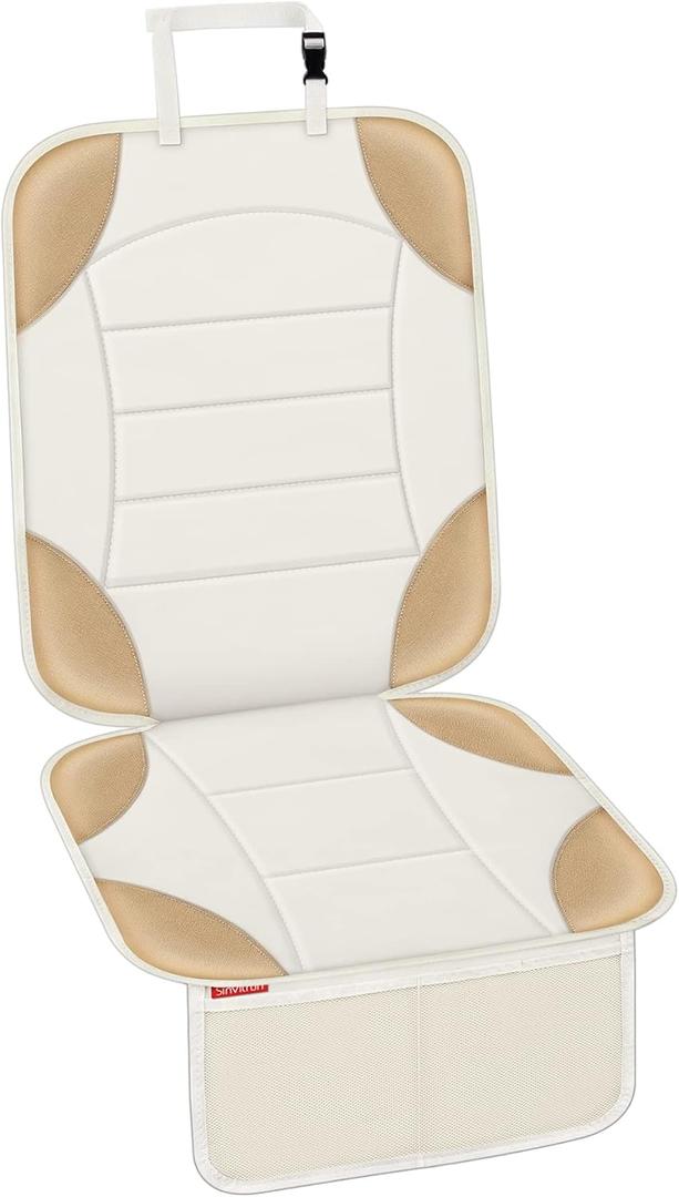 Sinvitron Car Seat Protector for Child Car Seat - Waterproof Non-Slip Leather Mat with 2 Mesh Pockets, Universal Seat Cover for Baby, Pets & Vehicles (1-Pack, Off-White)