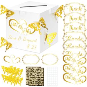 Resurhang White Wedding Card Box - 10x10 Inch DIY Large Box Slot with Cards Stickers Gold Butterfly Decors, Alphabet Stickers for Wedding, Graduation Party Reception, Birthday, Baby Shower, Raffle