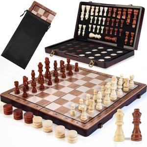 2 in 1 Magnetic Wooden Chess Set & Checkers Board Game, 15 Folding Chess Board with Pieces Storage Slots, 2 Extra Queens, Portable Travel Chess Set for Kids Adults Beginner Age 3+