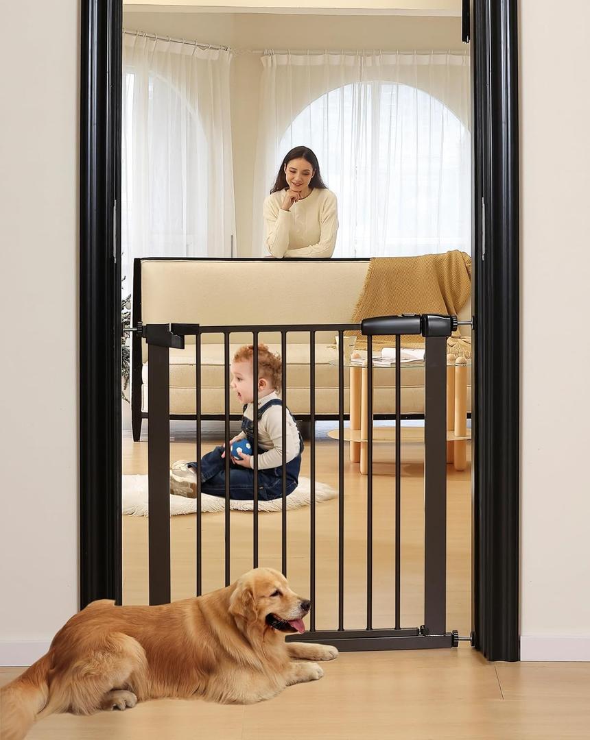 29"-57" Baby and Pet Safety Gate, 30" Tall Metal Walk-Thru Gate for Doorways & Stairs, Easy One-Hand Open, Dual Lock (Brown, 29" W x 30.5H)