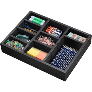 Wooden Desk Drawer Organizer, 9-Slot Office Organization and Storage Box, Adjustable Natural Wood Desktop Tray for Pens, Sticky Notes, and Small Accessories, Aesthetic Home Office Decor (12 x 9 In) (Black)