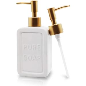Decorative Soap Dispenser White Ceramic Lotion Bottle with Embossed Letters Noble Golden Matte Pump