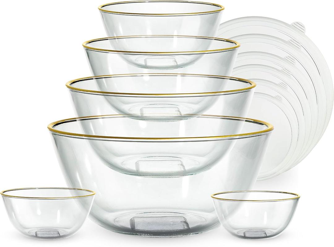 COOK WITH COLOR 12 Pc Glass Mixing Bowl Set with Lids  Borosilicate Glass Nesting Bowls for Cooking, Baking and Meal Prep, Gold Rim