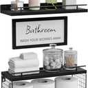 WOPITUES Floating Shelves for Wall Decor Sign, Bathroom Organizers and Storage, Bathroom Shelves Over Toilet with Metal Guardrail-Black
