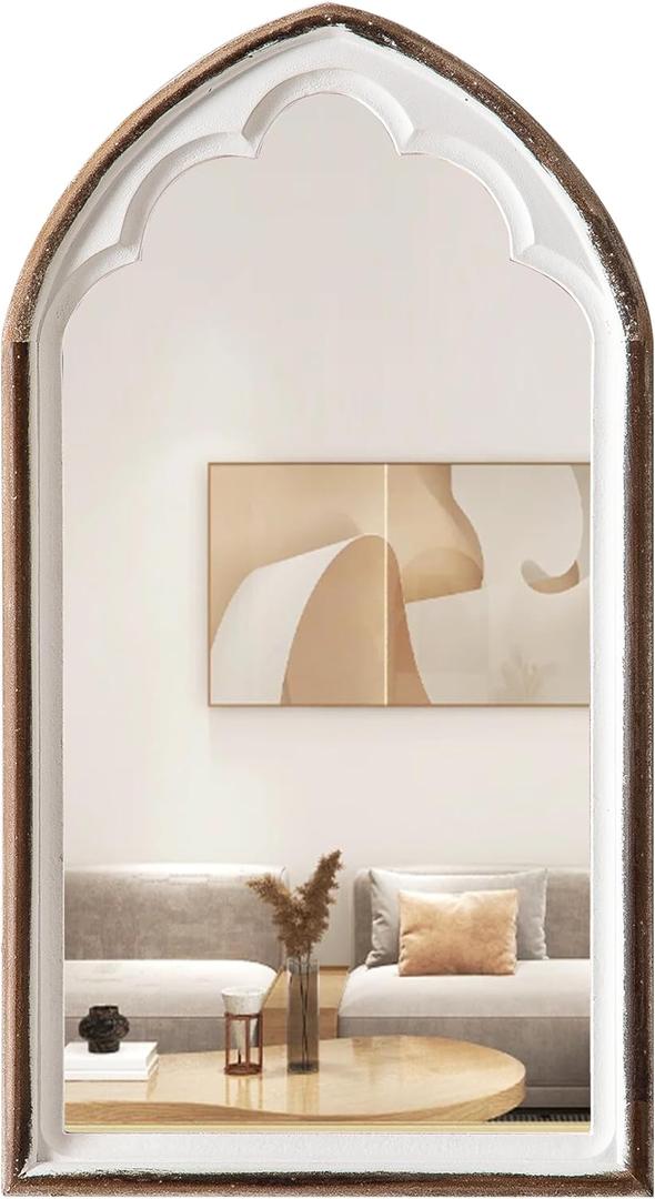 Farmhouse Wooden Arched Mirrors for Wall 13 X 24 Inch, Hanging Distressed White Carved Wood Framed Arch Mirror, Rustic Decorative Mirrors for Living Room Entryway Fireplace Bathroom
