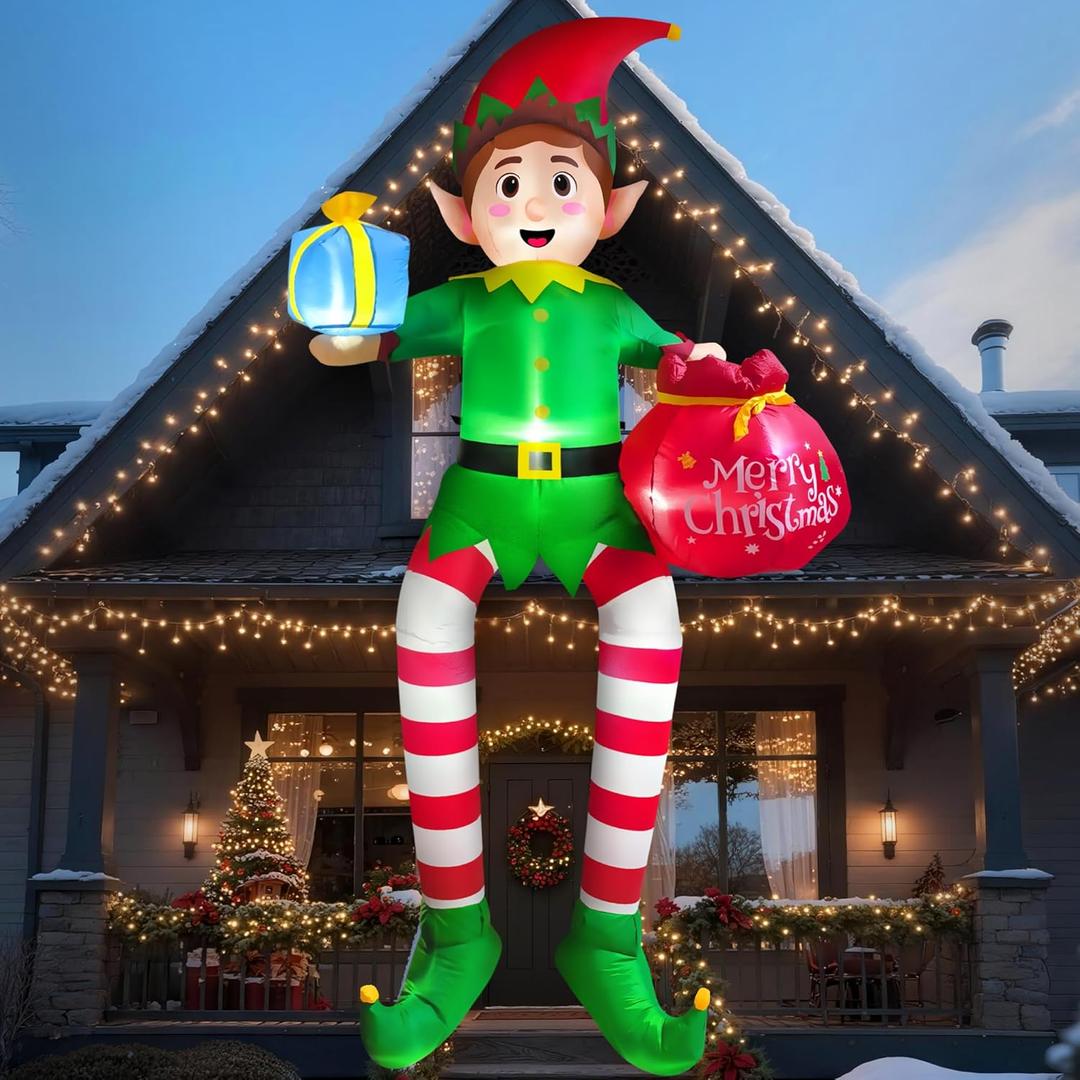 10FT Christmas Inflatable Outdoor Decoration, Sitting Elf Holding Gift Bag Christmas Blow up Yard Decorations with Built-in LEDs, Buddy the Elf Inflatable for Lawn Garden Roof Xmas Roof Decor