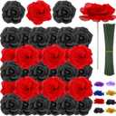 108pcs Roses Head Flowers with Stem - Red Black Artificial Flowers Rose Bulk - Silk Rose Fake Flower for Graduation Casino Theme Hollywood New Years Movie Night Birthday Decorations