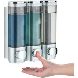 Shampoo and Conditioner Dispenser, Pollock Shower Soap Dispenser 3 Chamber No Drill, Wall Mounted Shampoo Body Wash Conditioner for Bathroom Large Capacity Silver