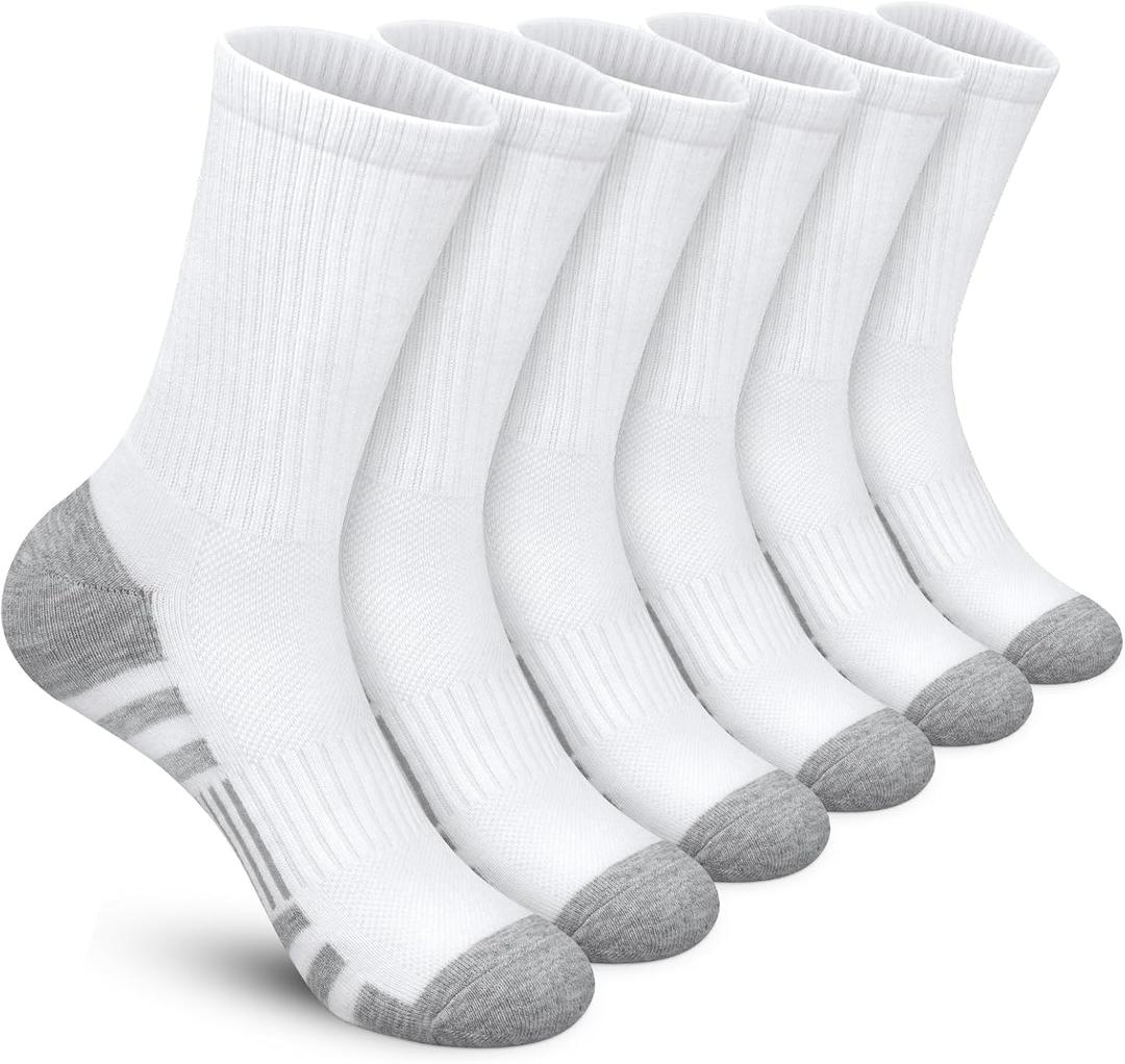Felicigeely Athletic Crew Socks Cushion Running Socks Performance Breathable Sports Socks for Men (12-14, Double Stripe White)