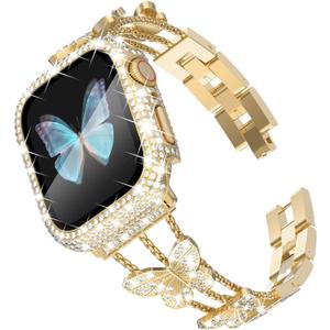 WINGLE for Gold Apple Watch Band and Case Women 40mm SE 3/2/1 Series 6 5 4, Butterfly Sparkle Diamond Metal Bands Rhinestone Crystal Bracelet iWatch Jewelry Chain with Bling Screen Protector, 40 mm