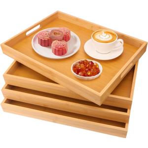 4 Pack Large Bamboo Serving Tray with Handles - 18 x 13 Inch Wooden Dinner Tray, Home Kitchen Decorative Tray, Breakfast Trays for Eating on Couch, Lap Trays, Coffee, Kitchen, Picnic