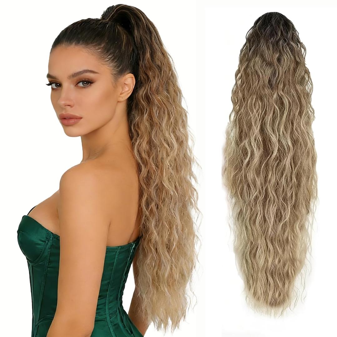 Ponytail Extension 30 Inch Claw Clip Pony Tails Hair Extensions for Women Long Curly Ponytail Synthetic Hairpieces for Daily Use (Yellow highlights, 30)