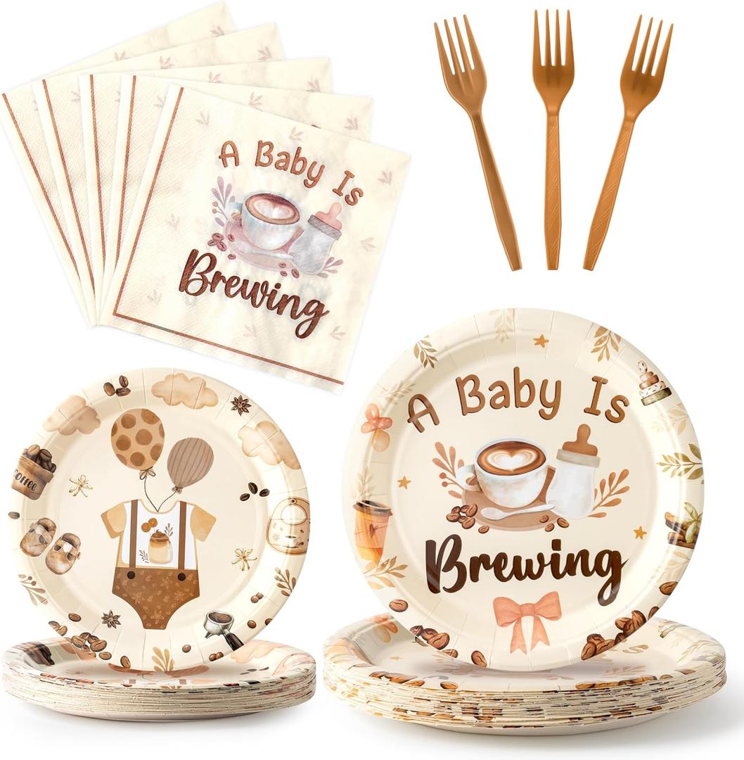 K1tpde Coffee Baby Shower Tableware - 96PCS A Baby Is Brewing Theme Party Tableware Set Included Paper Plates Napkins and Forks, Baby In Bloom Birthday Decoration for Pregnancy Party Supplies,24 guest