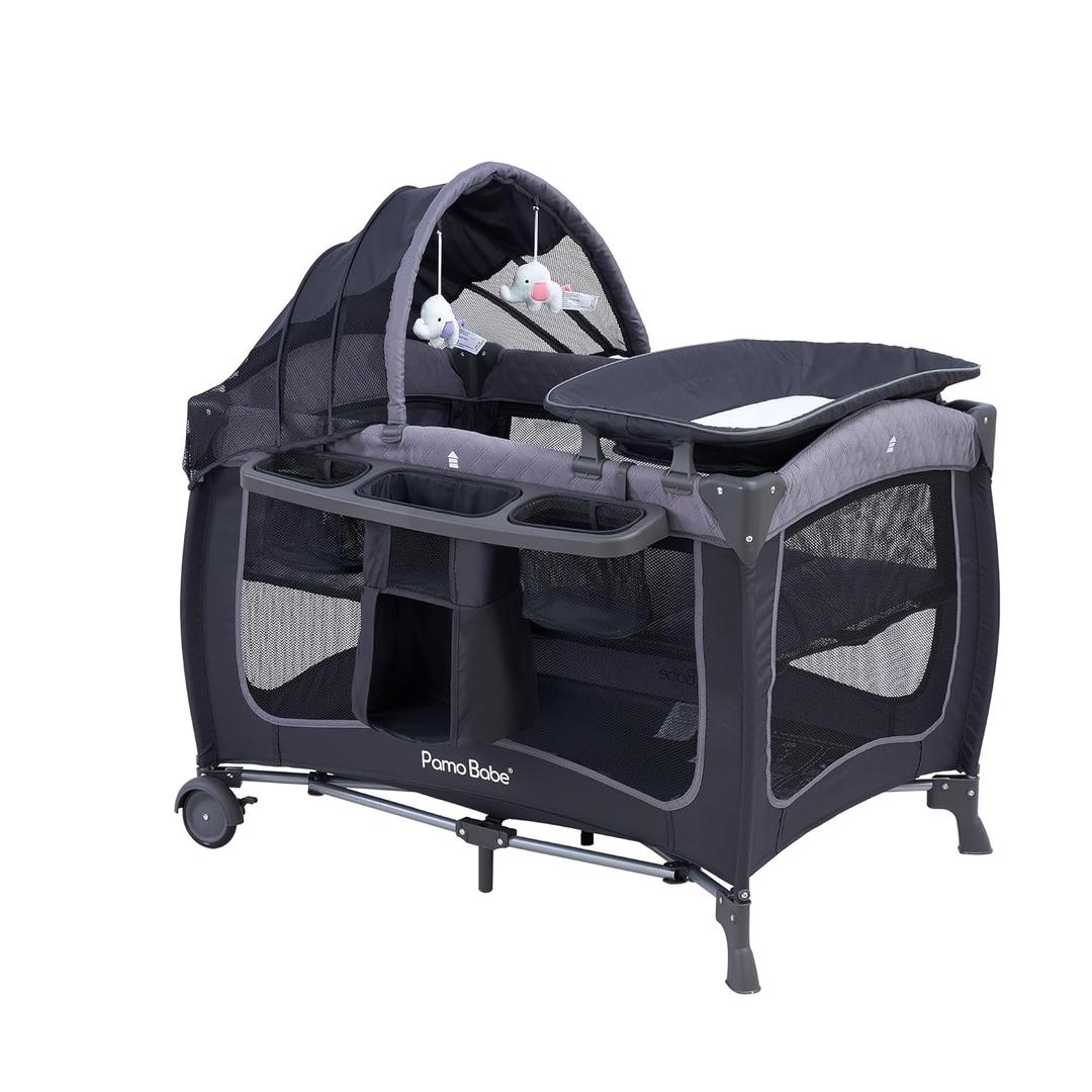 Pamo Babe Baby Playard with Canopy, Portable Crib with Changing Table (Lightgrey)