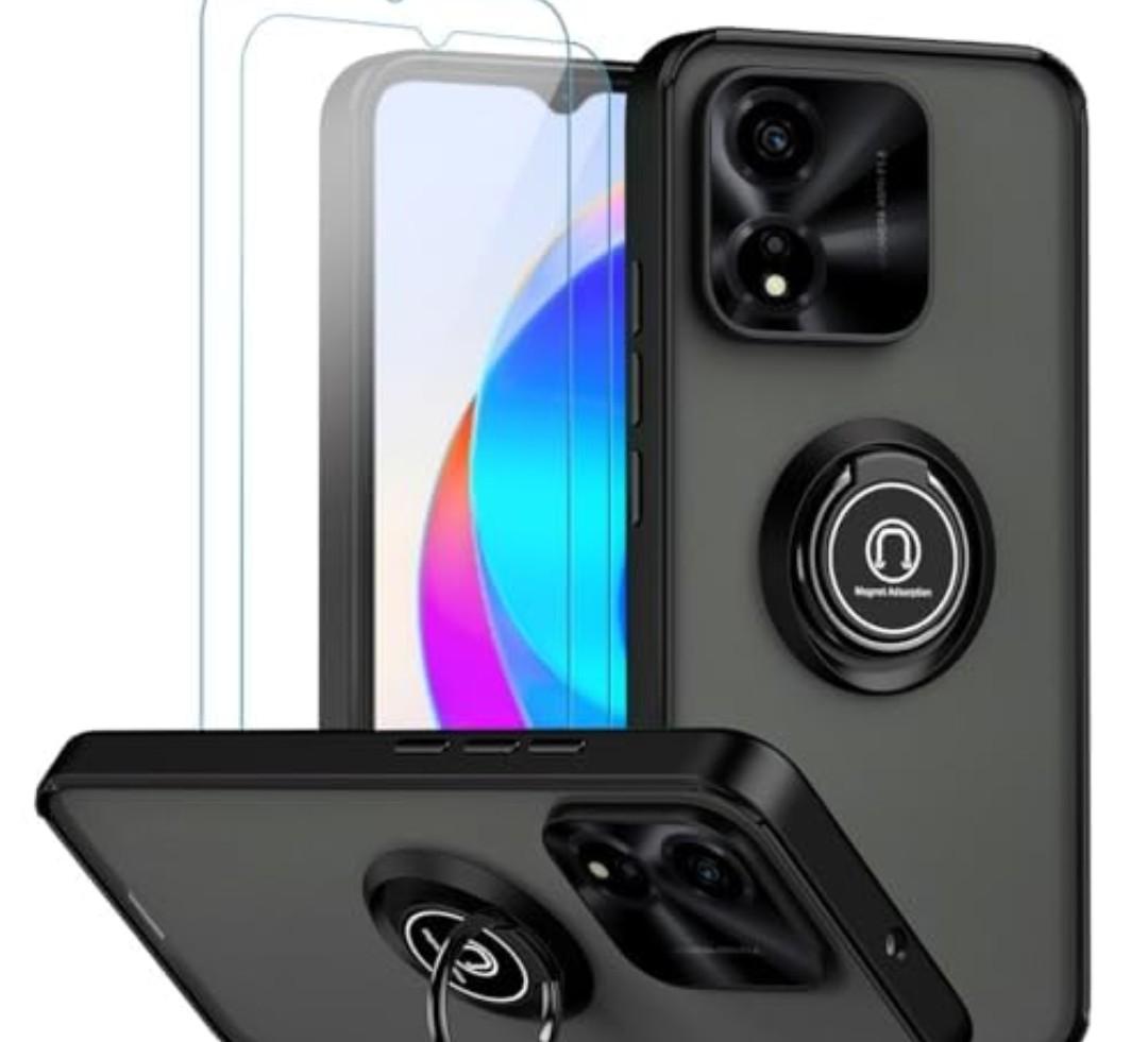 QUIETIP Case Compatible with Honor X5 Plus with Screen Protector,TPU + Hard PC Shockproof Magnetic Ring Car Mount Stand Cover,Black