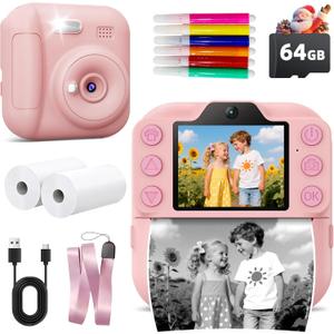 Kids Camera Instant Print, Toddler Toys Christmas Birthday Gifts for Girls Boys, Portable Digital Camera 64GB SD Card, Kid Toy for Ages 3-12 Girl Xmas Gift for 3 4 5 6 7 8 9 10 Year Old, Pink